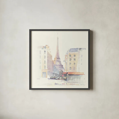 Paris Morning Square by Avery Tillmon. Shown in a sleek black glass frame for a contemporary gallery look. Available as an archival giclee rolled canvas, fine art paper, or poster print. SKU 22193a.
