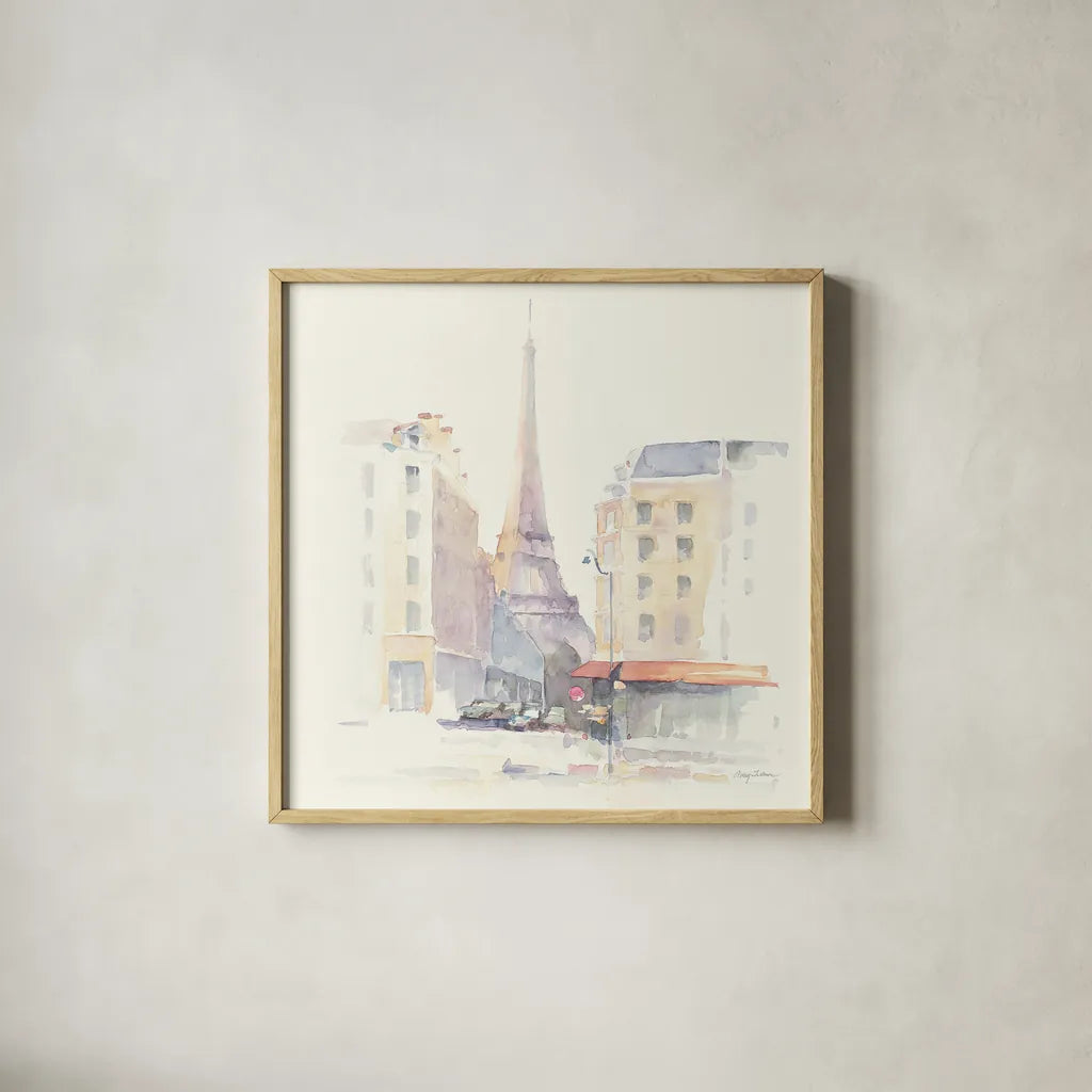 Paris Morning Square by Avery Tillmon. Shown in a natural wood glass frame for a timeless modern aesthetic. Available as an archival giclee rolled canvas, fine art paper, or poster print. SKU 22193a.