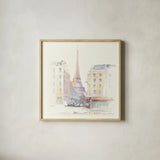 Paris Morning Square by Avery Tillmon. Shown in a natural wood glass frame for a timeless modern aesthetic. Available as an archival giclee rolled canvas, fine art paper, or poster print. SKU 22193a.