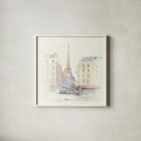 Paris Morning Square by Avery Tillmon. Shown in a crisp white glass frame for a clean and minimalist style. Available as an archival giclee rolled canvas, fine art paper, or poster print. SKU 22193a.