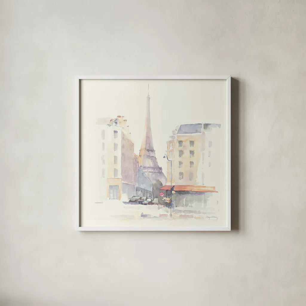 Paris Morning Square by Avery Tillmon. Shown in a crisp white glass frame for a clean and minimalist style. Available as an archival giclee rolled canvas, fine art paper, or poster print. SKU 22193a.