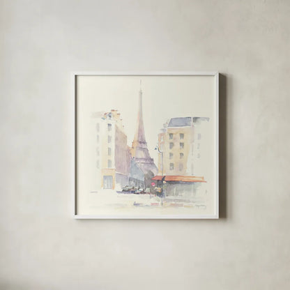 Paris Morning Square by Avery Tillmon. Shown in a crisp white glass frame for a clean and minimalist style. Available as an archival giclee rolled canvas, fine art paper, or poster print. SKU 22193a.