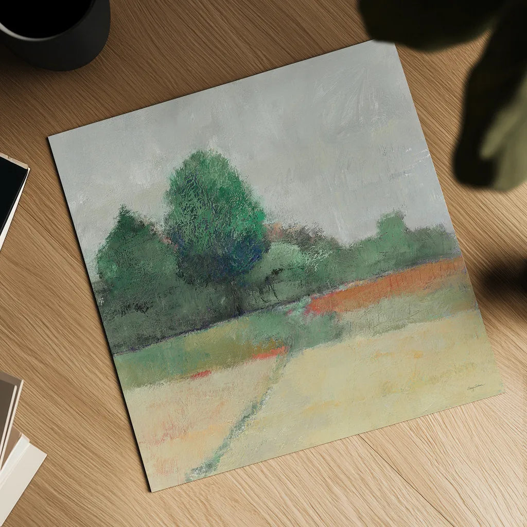 Path Through the Field Green by Avery Tillmon. Shown as a detailed flat fine art print, highlighting archival giclee quality. Available as an archival giclee rolled canvas, fine art paper, or poster print. SKU 26514a.