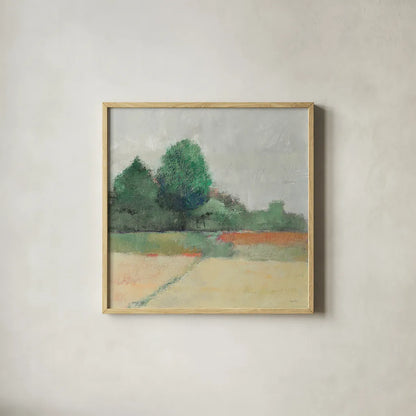 Path Through the Field Green by Avery Tillmon. Shown in a natural wood glass frame for a timeless modern aesthetic. Available as an archival giclee rolled canvas, fine art paper, or poster print. SKU 26514a.