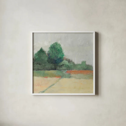 Path Through the Field Green by Avery Tillmon. Shown in a crisp white glass frame for a clean and minimalist style. Available as an archival giclee rolled canvas, fine art paper, or poster print. SKU 26514a.