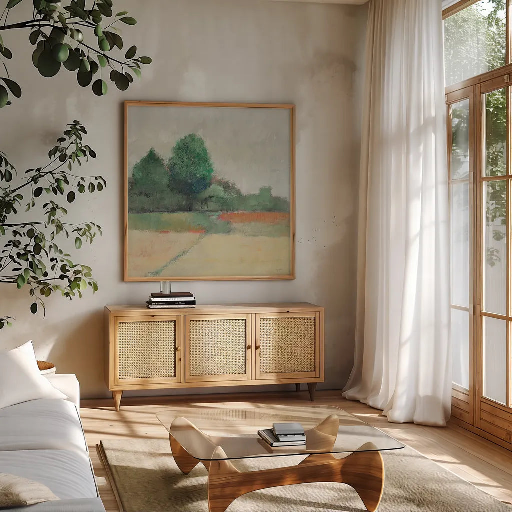 Path Through the Field Green by Avery Tillmon. Shown in a natural wood frame in a cozy modern living room. Available as an archival giclee rolled canvas, fine art paper, or poster print. SKU 26514a.