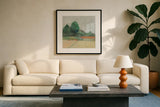Path Through the Field Green by Avery Tillmon. Displayed in a glass frame with matte in a clean modern living room. Available as an archival giclee rolled canvas, fine art paper, or poster print. SKU 26514a.