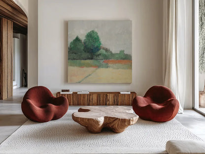 Path Through the Field Green by Avery Tillmon. Shown as extra-large giant wall art in a modern living room. Available as an archival giclee rolled canvas, fine art paper, or poster print. SKU 26514a.