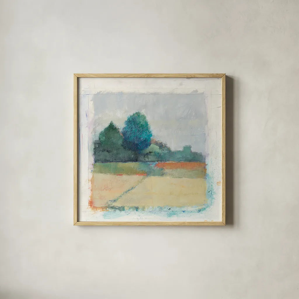 Path through the Field by Avery Tillmon. Shown in a natural wood glass frame for a timeless modern aesthetic. Available as an archival giclee rolled canvas, fine art paper, or poster print. SKU 26425a.