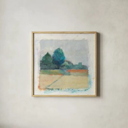 Path through the Field by Avery Tillmon. Shown in a natural wood glass frame for a timeless modern aesthetic. Available as an archival giclee rolled canvas, fine art paper, or poster print. SKU 26425a.