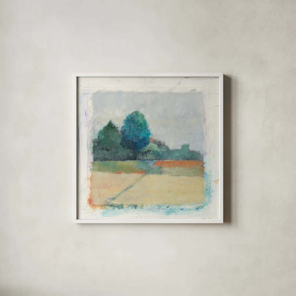 Path through the Field by Avery Tillmon. Shown in a crisp white glass frame for a clean and minimalist style. Available as an archival giclee rolled canvas, fine art paper, or poster print. SKU 26425a.