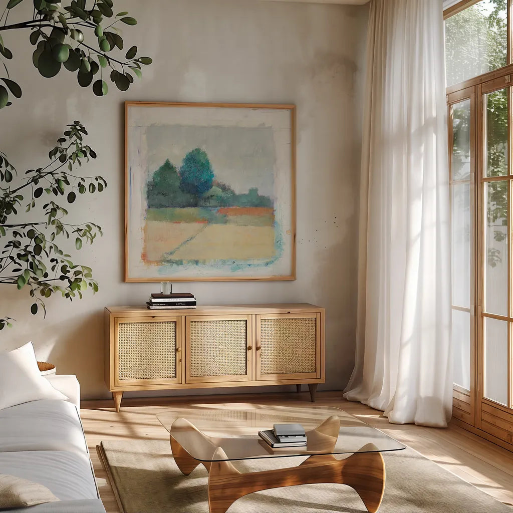 Path through the Field by Avery Tillmon. Shown in a natural wood frame in a cozy modern living room. Available as an archival giclee rolled canvas, fine art paper, or poster print. SKU 26425a.