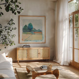 Path through the Field by Avery Tillmon. Shown in a natural wood frame in a cozy modern living room. Available as an archival giclee rolled canvas, fine art paper, or poster print. SKU 26425a.