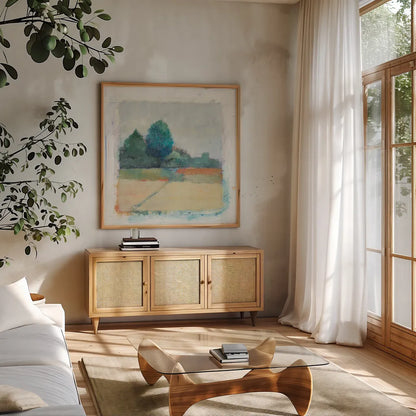 Path through the Field by Avery Tillmon. Shown in a natural wood frame in a cozy modern living room. Available as an archival giclee rolled canvas, fine art paper, or poster print. SKU 26425a.