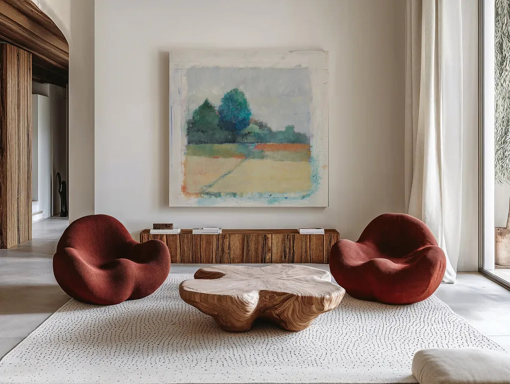 Path through the Field by Avery Tillmon. Shown as extra-large giant wall art in a modern living room. Available as an archival giclee rolled canvas, fine art paper, or poster print. SKU 26425a.