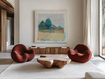 Path through the Field by Avery Tillmon. Shown as extra-large giant wall art in a modern living room. Available as an archival giclee rolled canvas, fine art paper, or poster print. SKU 26425a.