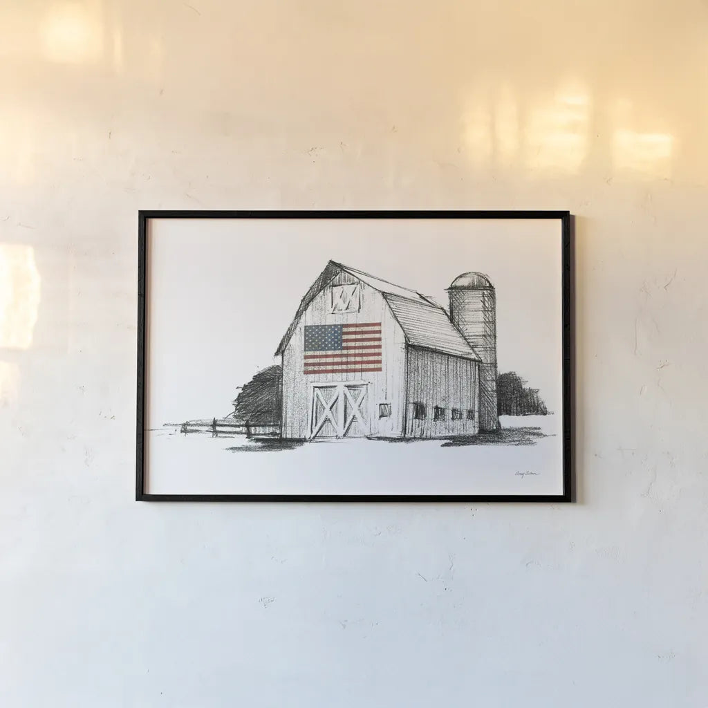 Patriotic Barn by Avery Tillmon. shown as a paper print in a black flame. Available as a archival giclee rolled canvas, fine art paper, or poster print. SKU 76407i.
