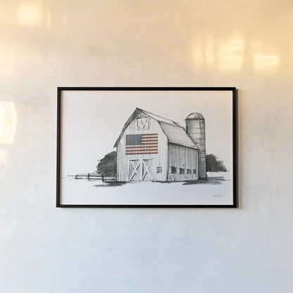 Patriotic Barn by Avery Tillmon. shown as a paper print in a black flame. Available as a archival giclee rolled canvas, fine art paper, or poster print. SKU 76407i.