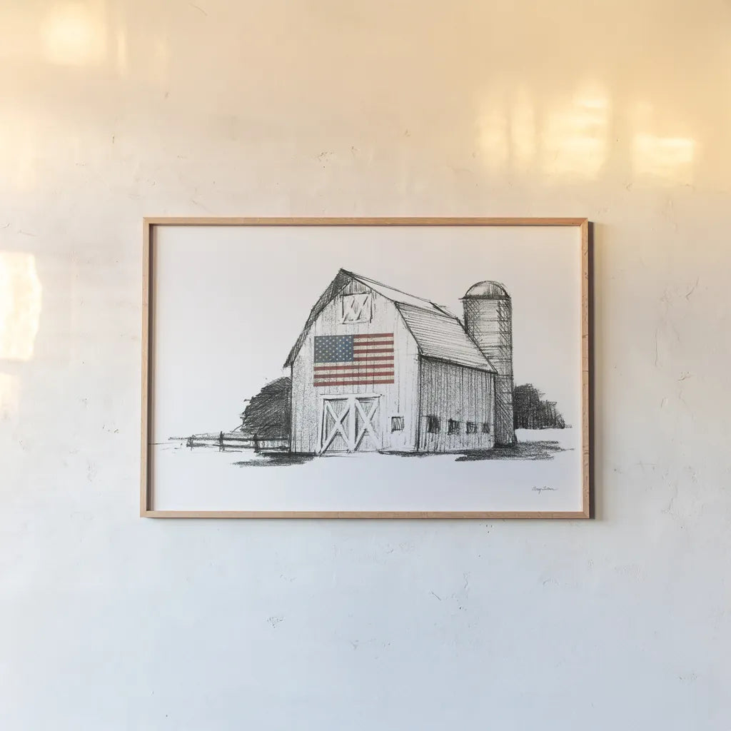 Patriotic Barn by Avery Tillmon. shown as a paper print in a natural frame. Available as a archival giclee rolled canvas, fine art paper, or poster print. SKU 76407i.