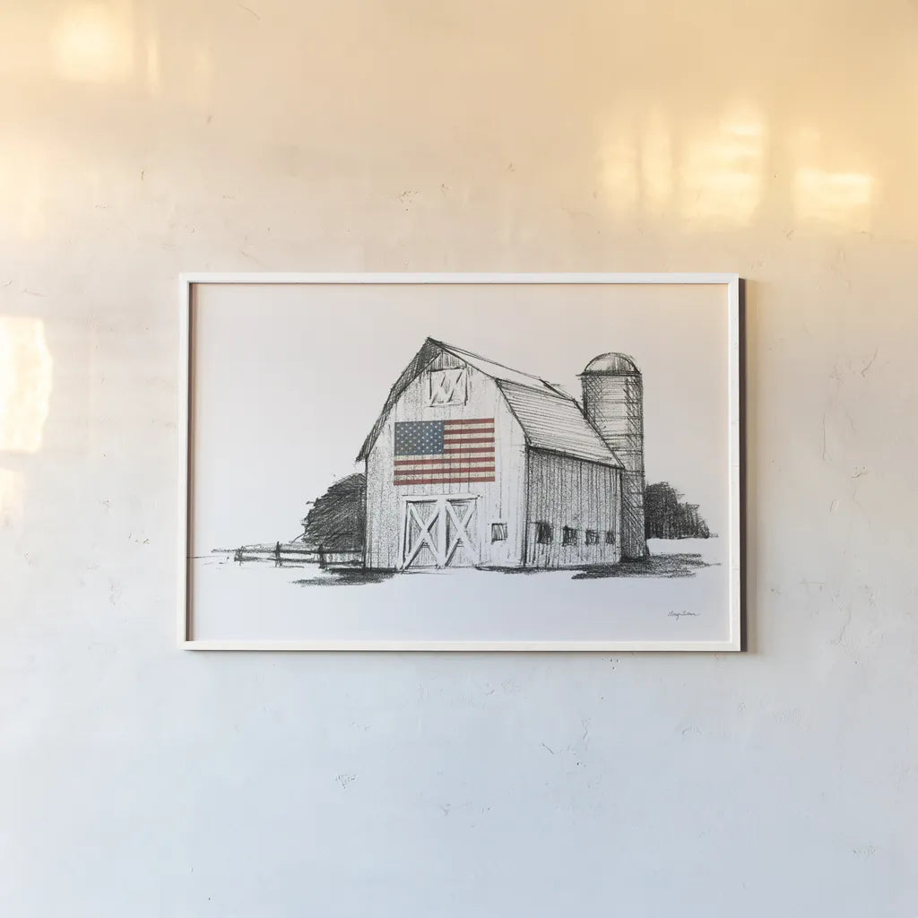 Patriotic Barn by Avery Tillmon. shown as a paper print in a white frame. Available as a archival giclee rolled canvas, fine art paper, or poster print. SKU 76407i.