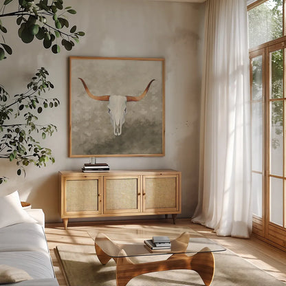 Patterned Echoes by Avery Tillmon. Shown in a natural wood frame in a cozy modern living room. Available as an archival giclee rolled canvas, fine art paper, or poster print. SKU 63501a.