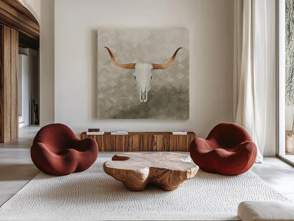 Patterned Echoes by Avery Tillmon. Shown as extra-large giant wall art in a modern living room. Available as an archival giclee rolled canvas, fine art paper, or poster print. SKU 63501a.
