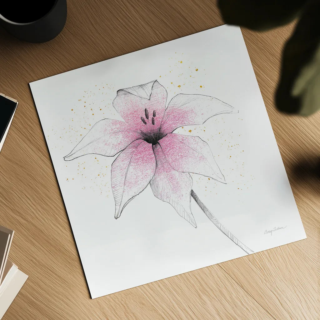 Pink Graphite Flower V by Avery Tillmon. Shown as a detailed flat fine art print, highlighting archival giclee quality. Available as an archival giclee rolled canvas, fine art paper, or poster print. SKU 29756a.