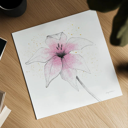 Pink Graphite Flower V by Avery Tillmon. Shown as a detailed flat fine art print, highlighting archival giclee quality. Available as an archival giclee rolled canvas, fine art paper, or poster print. SKU 29756a.