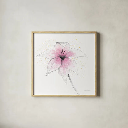 Pink Graphite Flower V by Avery Tillmon. Shown in a natural wood glass frame for a timeless modern aesthetic. Available as an archival giclee rolled canvas, fine art paper, or poster print. SKU 29756a.