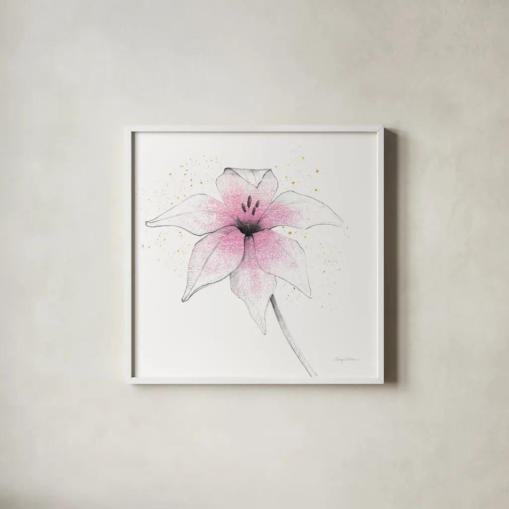 Pink Graphite Flower V by Avery Tillmon. Shown in a crisp white glass frame for a clean and minimalist style. Available as an archival giclee rolled canvas, fine art paper, or poster print. SKU 29756a.