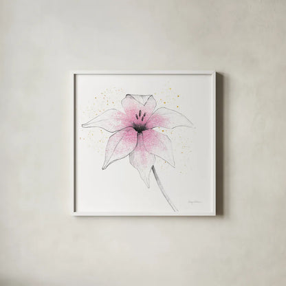 Pink Graphite Flower V by Avery Tillmon. Shown in a crisp white glass frame for a clean and minimalist style. Available as an archival giclee rolled canvas, fine art paper, or poster print. SKU 29756a.