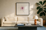 Pink Graphite Flower V by Avery Tillmon. Displayed in a glass frame with matte in a clean modern living room. Available as an archival giclee rolled canvas, fine art paper, or poster print. SKU 29756a.