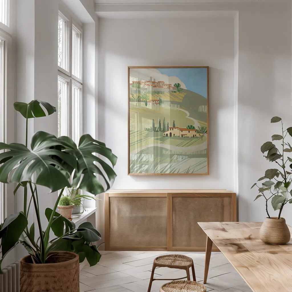 Primavera by Avery Tillmon. shown as a print in a natural wood frame in a dining room. Available as a archival giclee rolled canvas, fine art paper, or poster print. SKU 43128h.