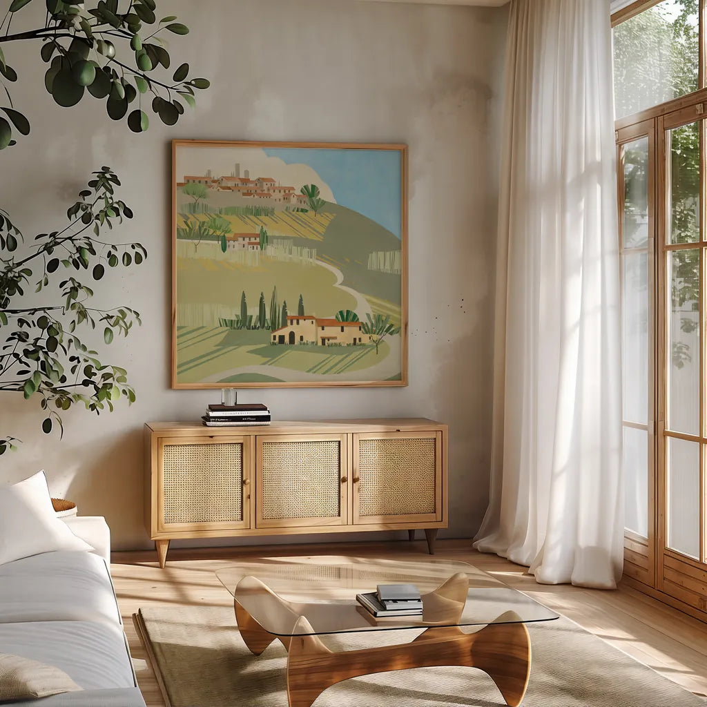 Primavera Crop by Avery Tillmon. Shown in a natural wood frame in a cozy modern living room. Available as an archival giclee rolled canvas, fine art paper, or poster print. SKU 43128a.