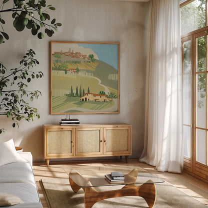 Primavera Crop by Avery Tillmon. Shown in a natural wood frame in a cozy modern living room. Available as an archival giclee rolled canvas, fine art paper, or poster print. SKU 43128a.