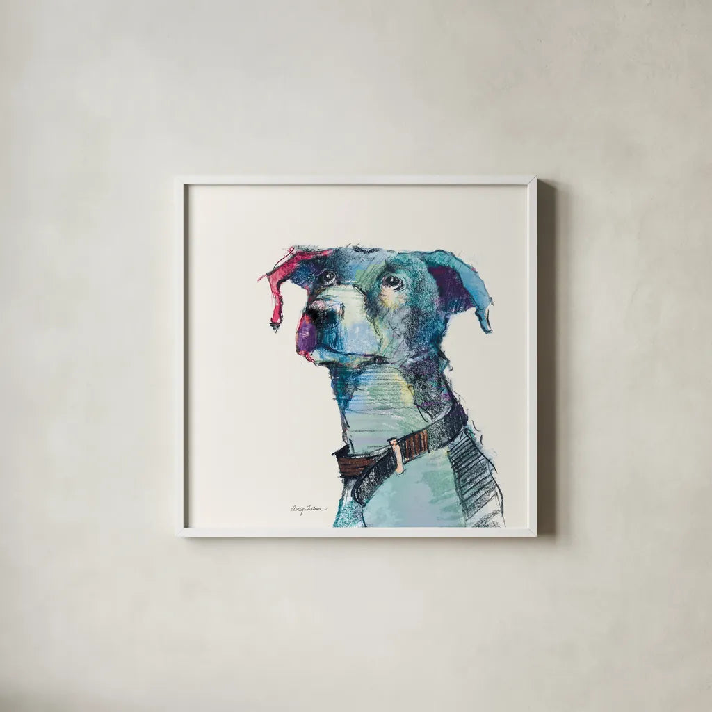 Puck Watercolor Pastel by Avery Tillmon. Shown in a crisp white glass frame for a clean and minimalist style. Available as an archival giclee rolled canvas, fine art paper, or poster print. SKU 54619a.