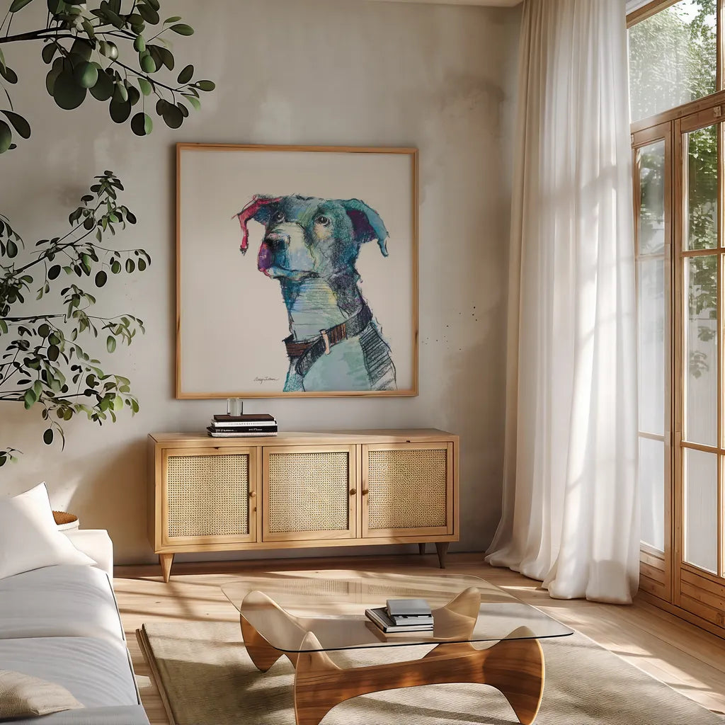 Puck Watercolor Pastel by Avery Tillmon. Shown in a natural wood frame in a cozy modern living room. Available as an archival giclee rolled canvas, fine art paper, or poster print. SKU 54619a.