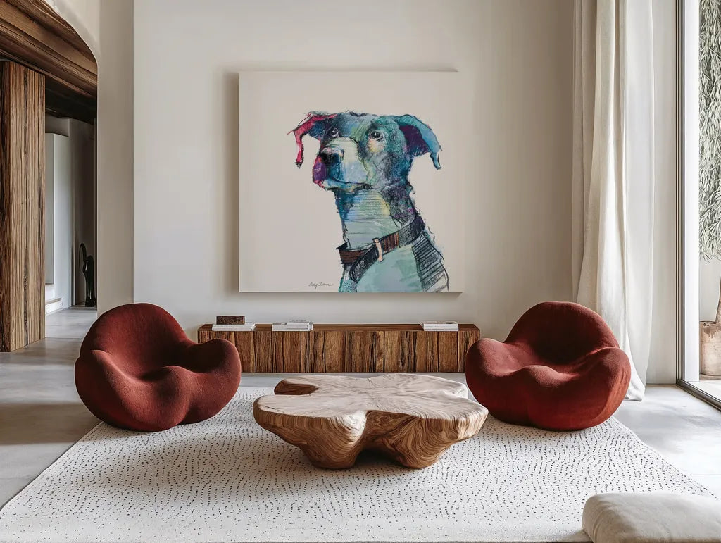 Puck Watercolor Pastel by Avery Tillmon. Shown as extra-large giant wall art in a modern living room. Available as an archival giclee rolled canvas, fine art paper, or poster print. SKU 54619a.