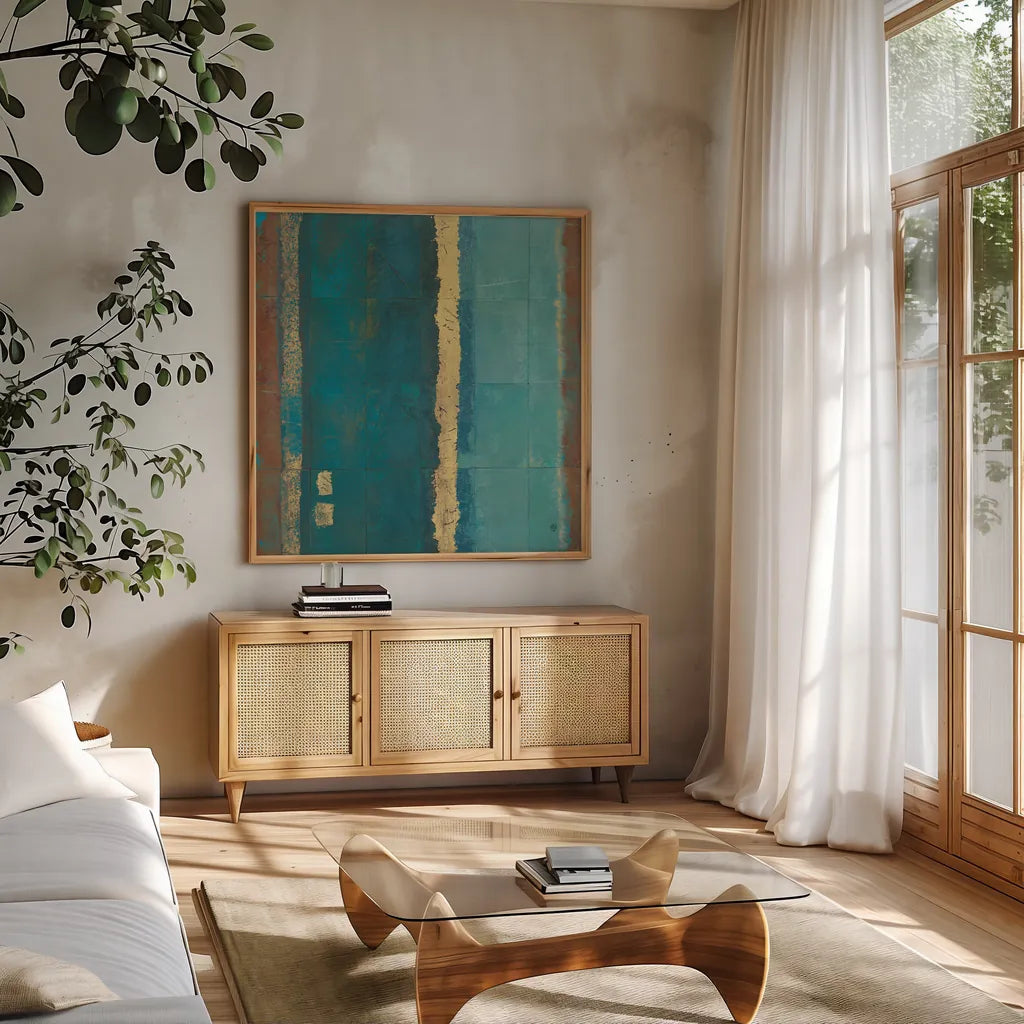 Quietude II by Avery Tillmon. Shown in a natural wood frame in a cozy modern living room. Available as an archival giclee rolled canvas, fine art paper, or poster print. SKU 8898a.