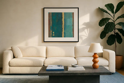 Quietude II by Avery Tillmon. Displayed in a glass frame with matte in a clean modern living room. Available as an archival giclee rolled canvas, fine art paper, or poster print. SKU 8898a.