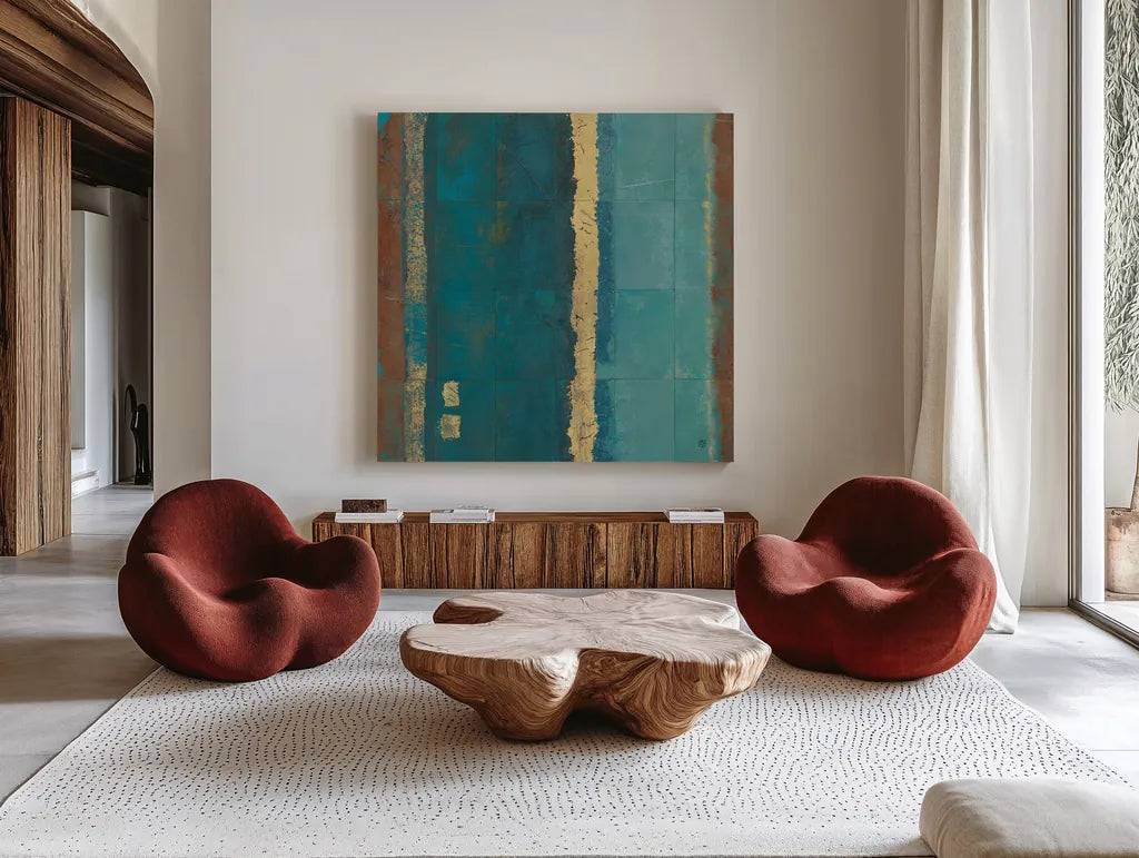 Quietude II by Avery Tillmon. Shown as extra-large giant wall art in a modern living room. Available as an archival giclee rolled canvas, fine art paper, or poster print. SKU 8898a.