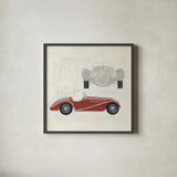 Roadster I Red Car by Avery Tillmon. Shown in a sleek black glass frame for a contemporary gallery look. Available as an archival giclee rolled canvas, fine art paper, or poster print. SKU 53125a.