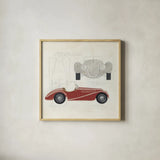 Roadster I Red Car by Avery Tillmon. Shown in a natural wood glass frame for a timeless modern aesthetic. Available as an archival giclee rolled canvas, fine art paper, or poster print. SKU 53125a.