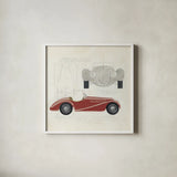 Roadster I Red Car by Avery Tillmon. Shown in a crisp white glass frame for a clean and minimalist style. Available as an archival giclee rolled canvas, fine art paper, or poster print. SKU 53125a.