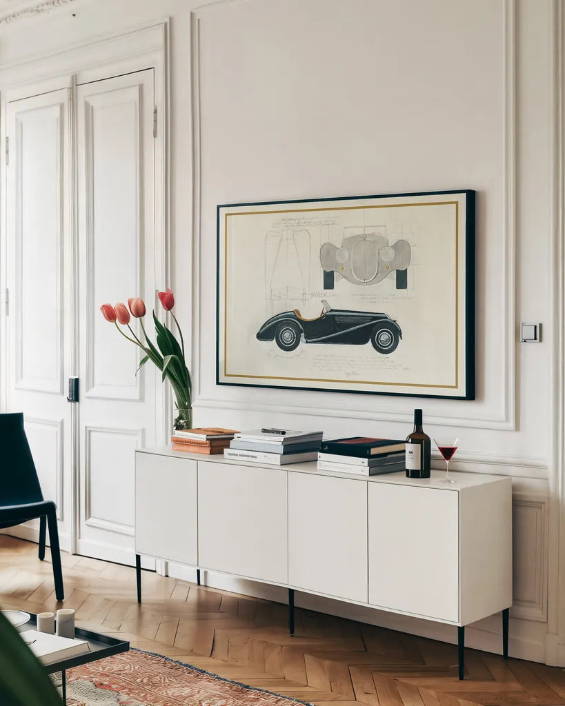 Roadster I v2 by Avery Tillmon. shown as a framed stretched canvas in a living room above a console. Available as a archival giclee rolled canvas, fine art paper, or poster print. SKU 49692i.