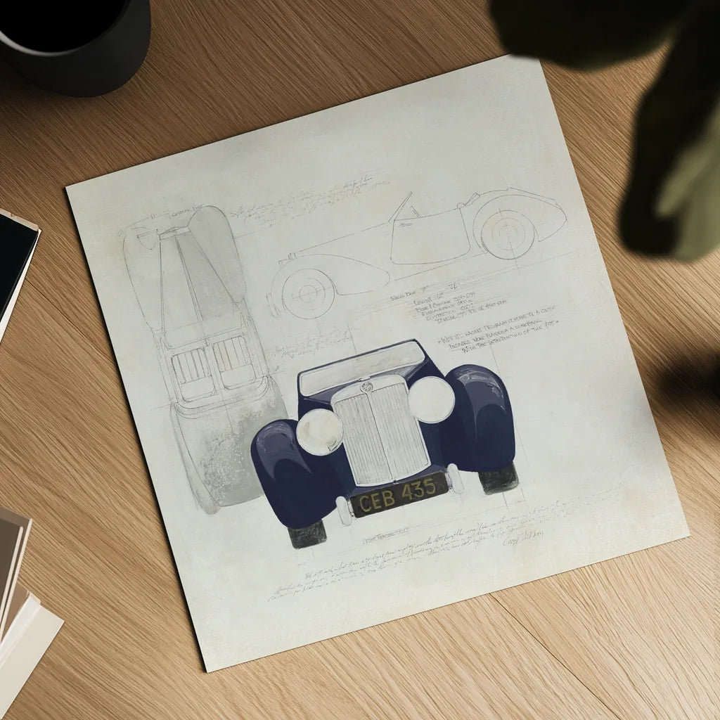 Roadster II Blue Car by Avery Tillmon. Shown as a detailed flat fine art print, highlighting archival giclee quality. Available as an archival giclee rolled canvas, fine art paper, or poster print. SKU 53126a.