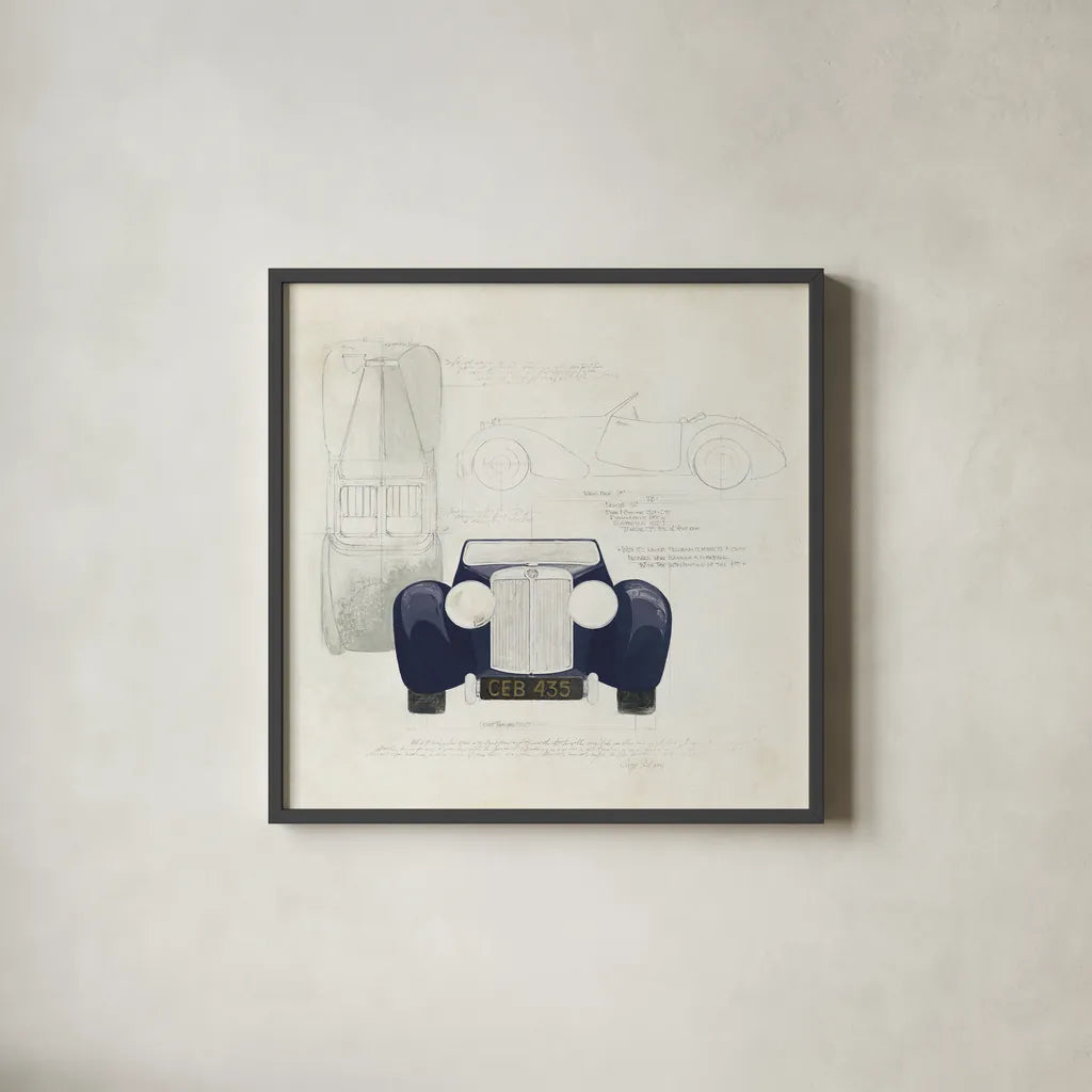 Roadster II Blue Car by Avery Tillmon. Shown in a sleek black glass frame for a contemporary gallery look. Available as an archival giclee rolled canvas, fine art paper, or poster print. SKU 53126a.