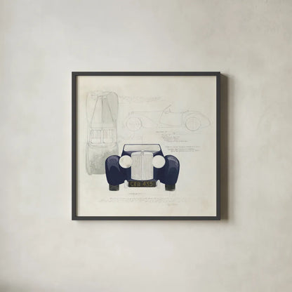 Roadster II Blue Car by Avery Tillmon. Shown in a sleek black glass frame for a contemporary gallery look. Available as an archival giclee rolled canvas, fine art paper, or poster print. SKU 53126a.