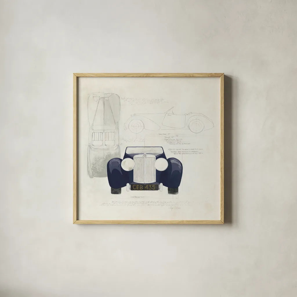 Roadster II Blue Car by Avery Tillmon. Shown in a natural wood glass frame for a timeless modern aesthetic. Available as an archival giclee rolled canvas, fine art paper, or poster print. SKU 53126a.