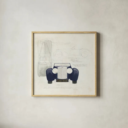 Roadster II Blue Car by Avery Tillmon. Shown in a natural wood glass frame for a timeless modern aesthetic. Available as an archival giclee rolled canvas, fine art paper, or poster print. SKU 53126a.